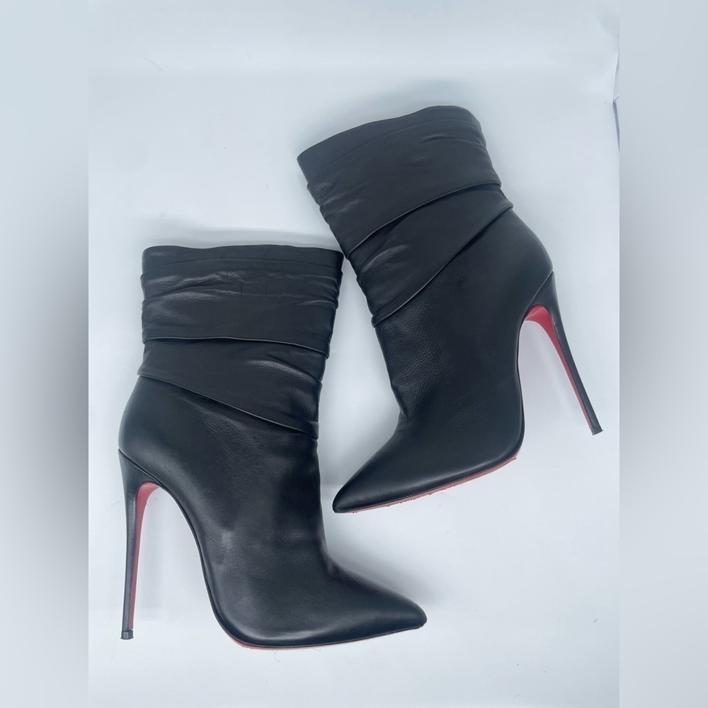 Christian Louboutin Ishtar Black Leather Mid Calf Pointed Stiletto Heels Boots